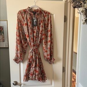 GO International Beige Floral Midi Dress with Red Rose Print and Tie Waist